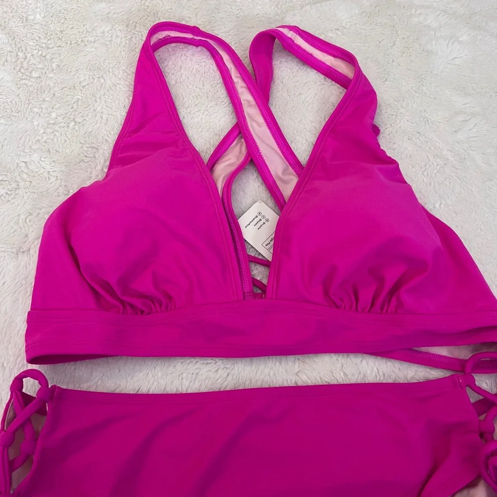 Cupshe‎ Women's Fuchsia Pink Bikini Set High Waisted Side Tie Size Large NWT